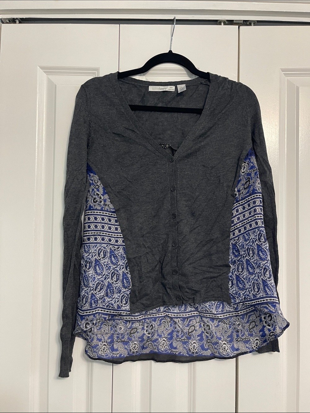 NWT Subtle Luxury Layered Button-Front Women's Top with Blue Paisley Panel